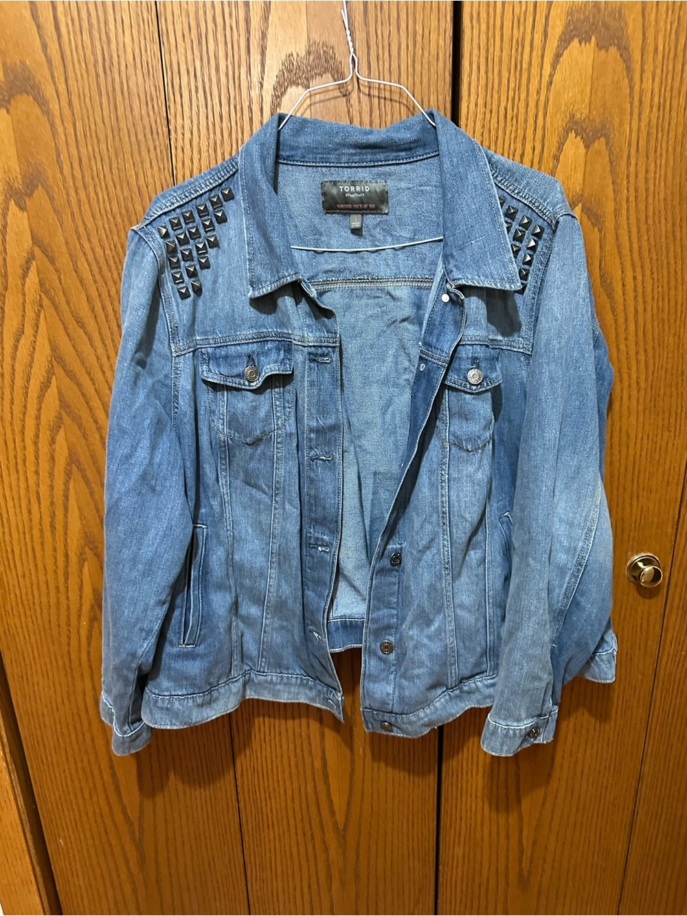 torrid Light Blue Denim Jacket with Studded Shoulders
